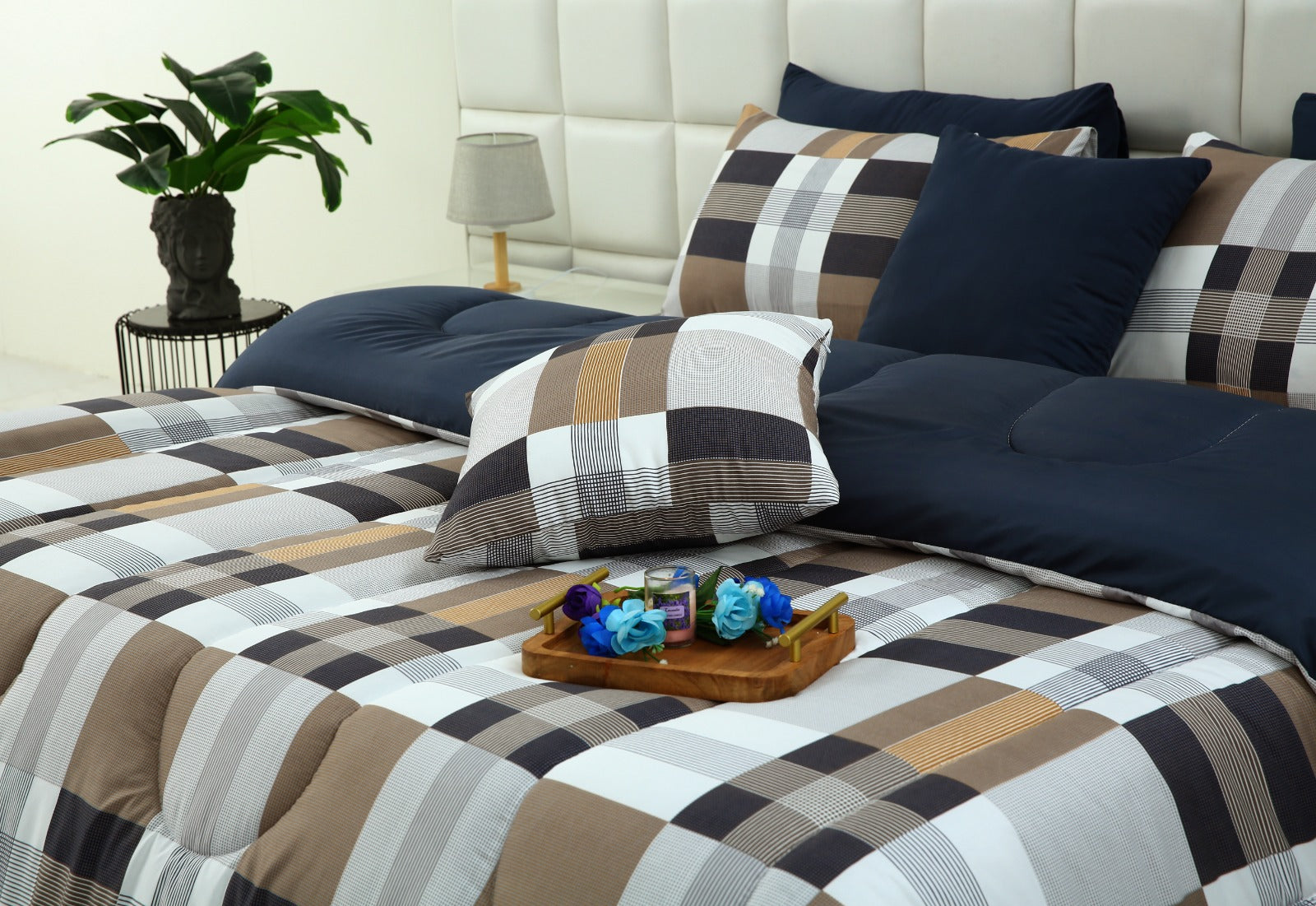 5 PCs Single Comforter Set-Brown Check(With Blue Reverse) Comforters Apricot