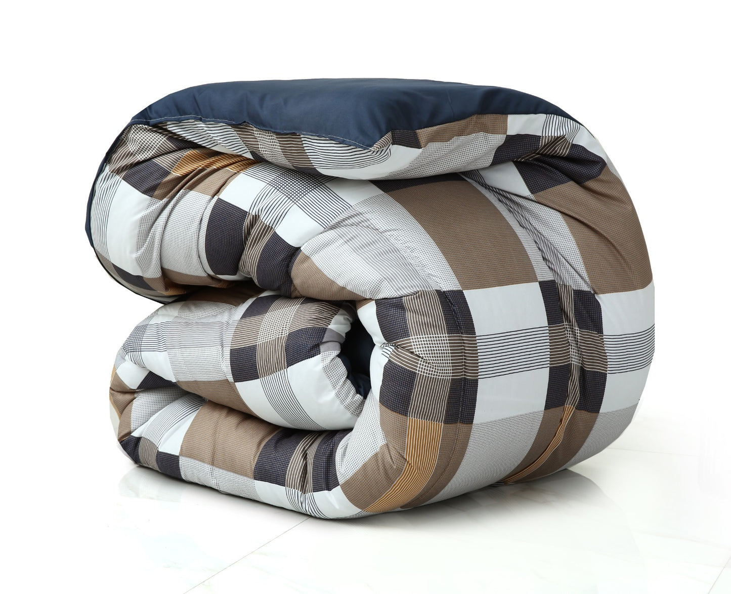 5 PCs Single Comforter Set-Brown Check(With Blue Reverse) Comforters Apricot