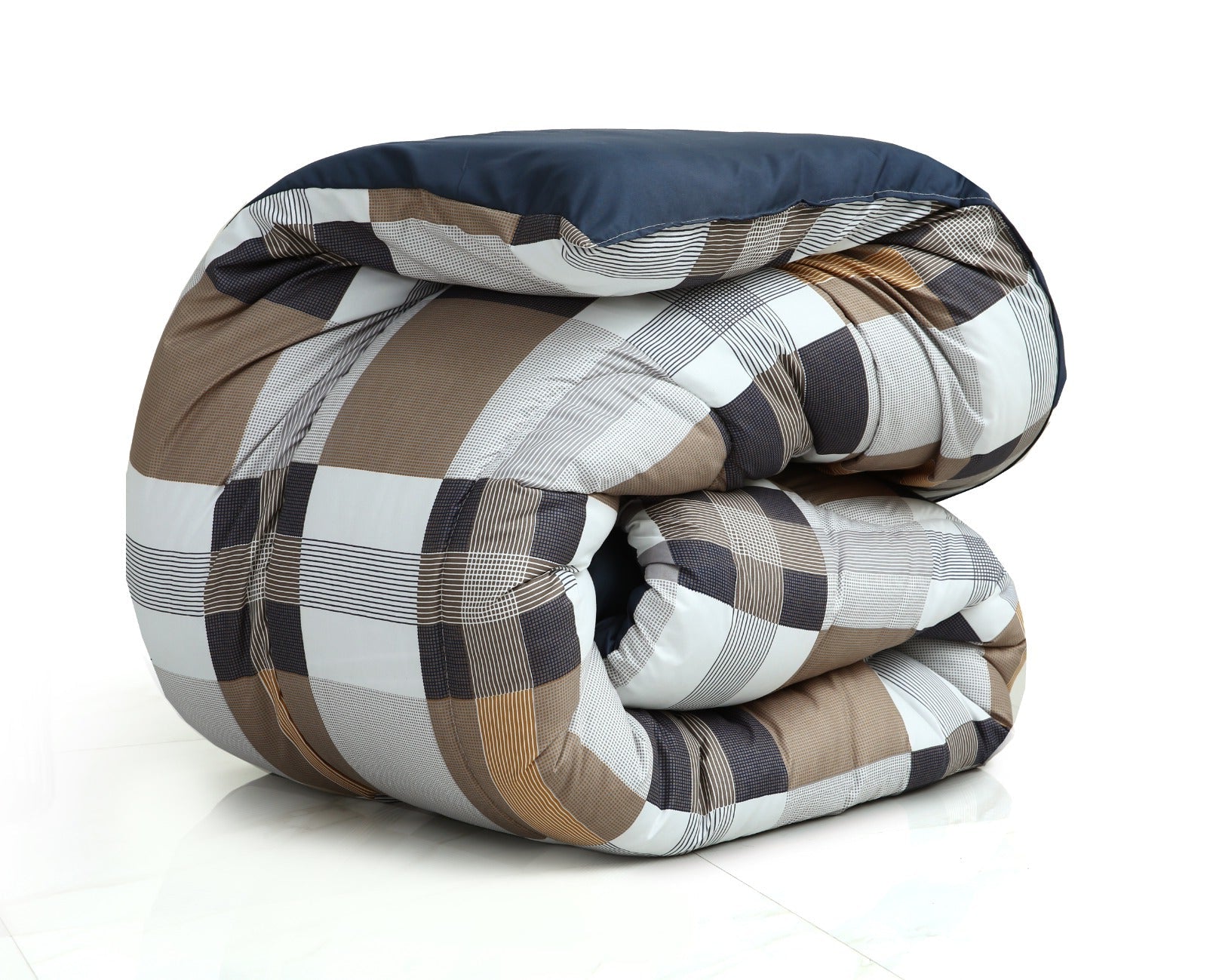 1 PC Double Winter Comforter-Brown Check(With Blue Reverse) Comforters Apricot