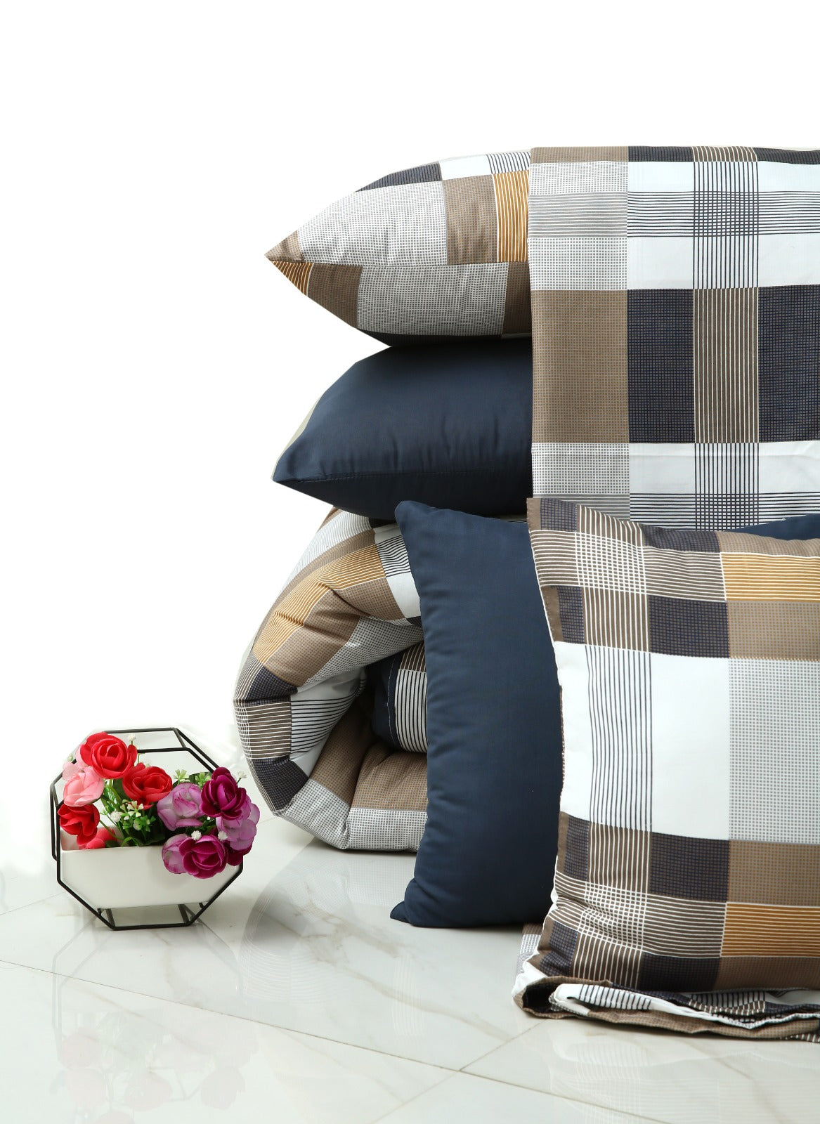 5 PCs Single Comforter Set-Brown Check(With Blue Reverse) Comforters Apricot