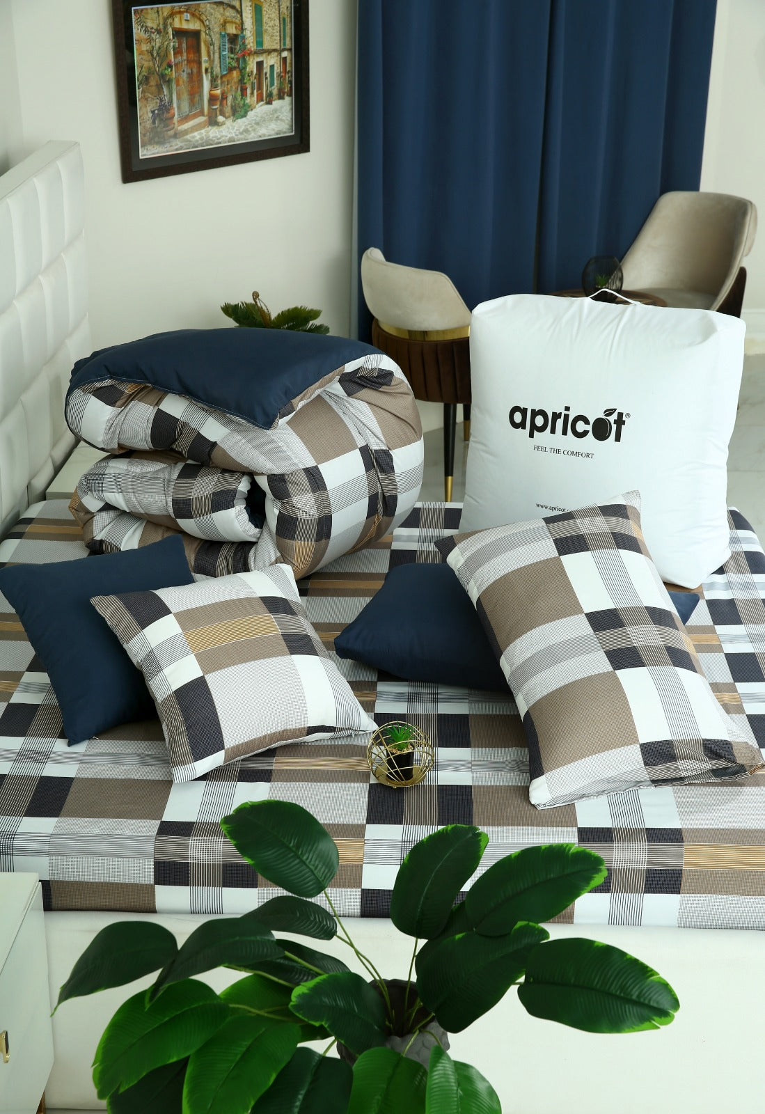 5 PCs Single Comforter Set-Brown Check Comforters Apricot