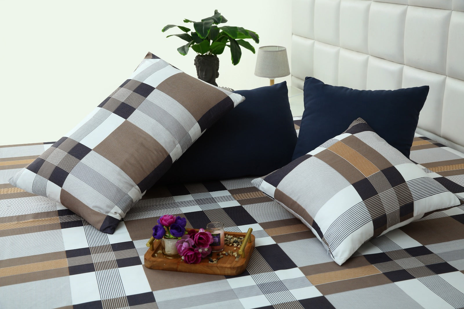 8 PCs Winter Comforter Set-Brown Check Comforters Apricot