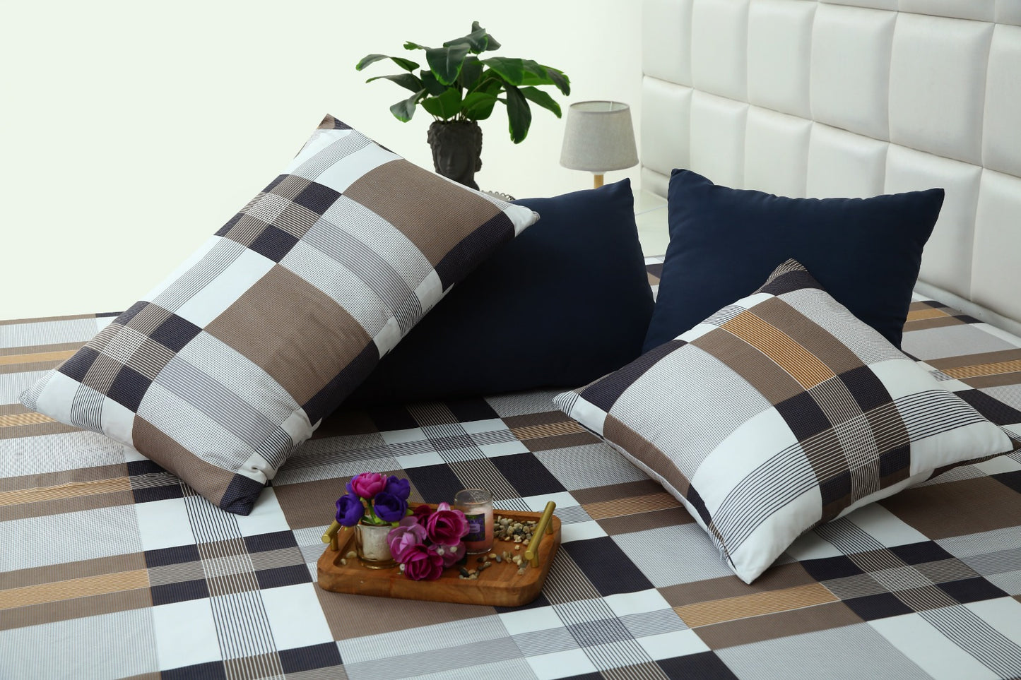 5 PCs Single Comforter Set-Brown Check(With Blue Reverse) Comforters Apricot