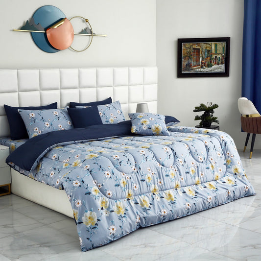 8 PCs Winter Comforter Set-Iceberg Flower (Blue Reverse) Comforters Apricot