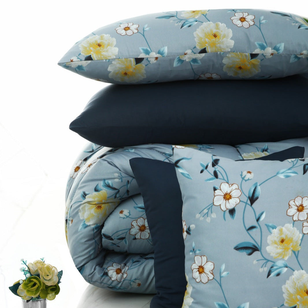 8 PCs Winter Comforter Set-Iceberg Flower (Blue Reverse) Comforters Apricot