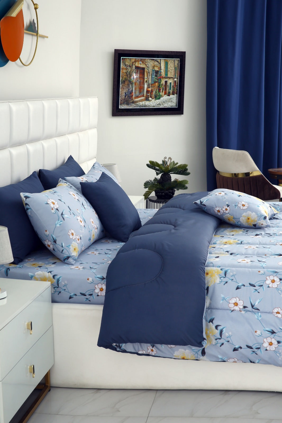 5 PCs Single Comforter Set-Iceberg Flower(With Blue Reverse) Comforters Apricot