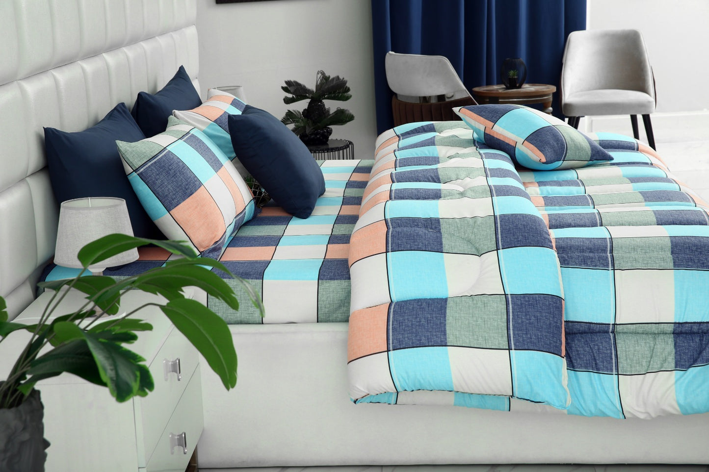 8 PCs Winter Comforter Set-Pastel Check Comforters Apricot