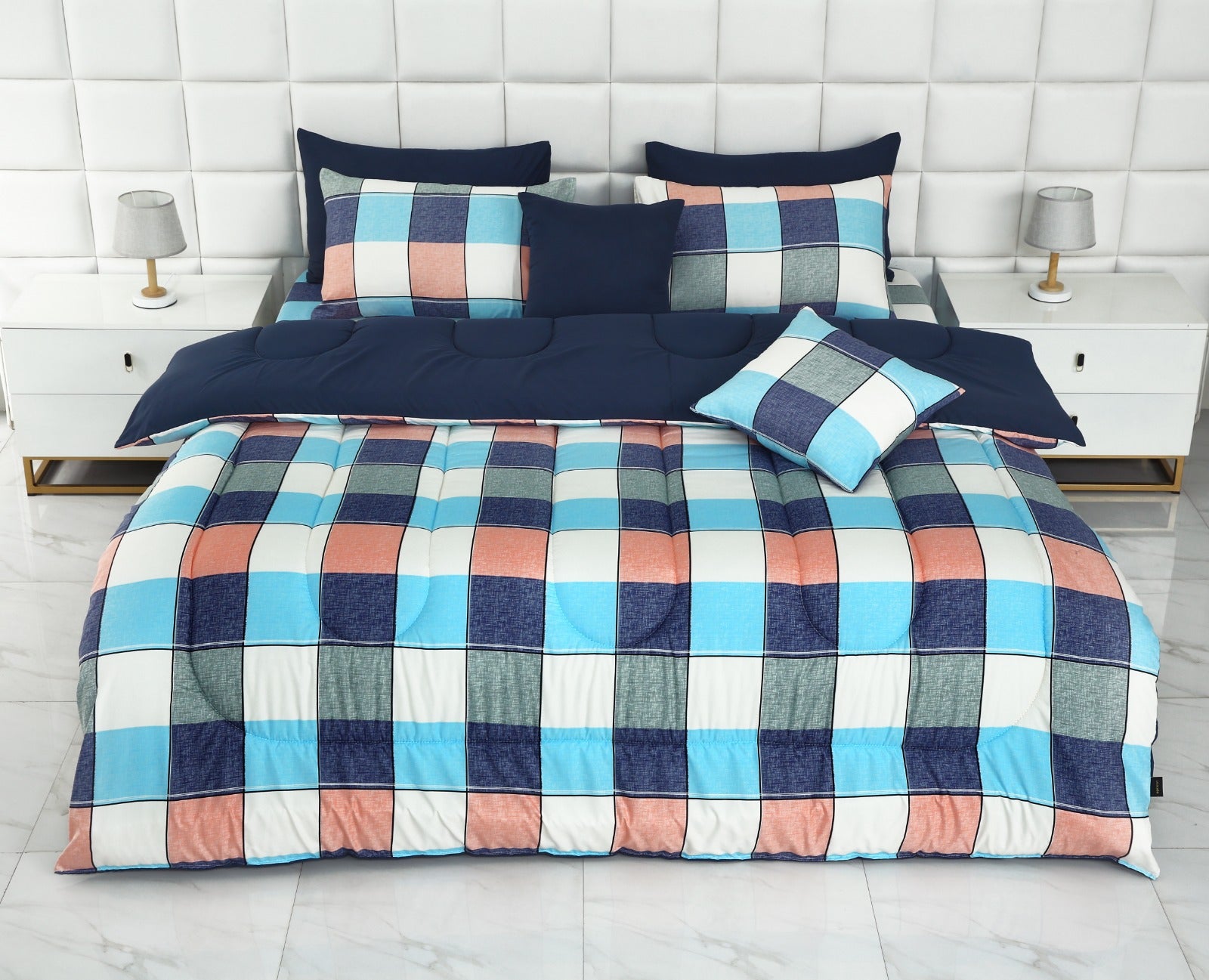 8 PCs Winter Comforter Set-Pastel Check(With Blue Reverse) Comforters Apricot