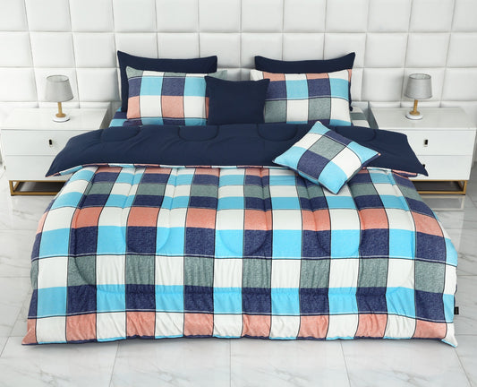 8 PCs Winter Comforter Set-Pastel Check(With Blue Reverse)