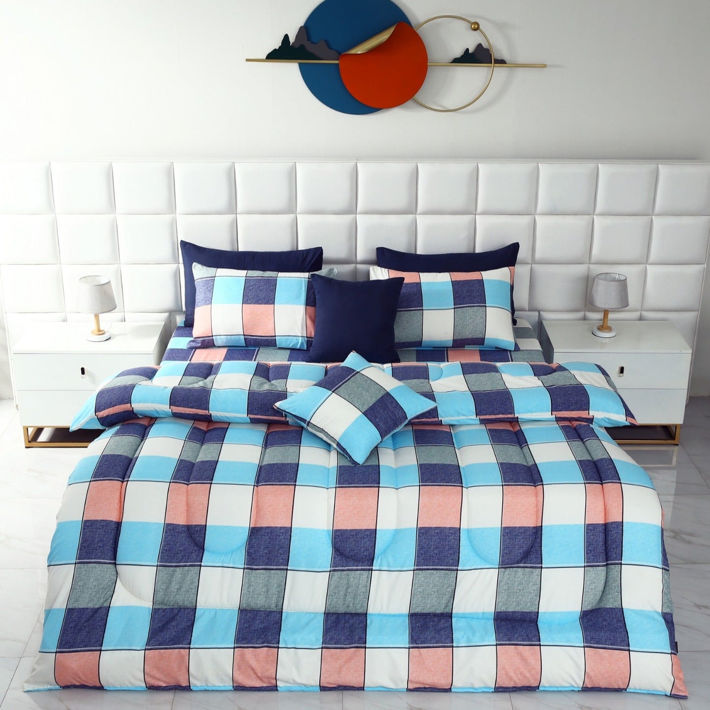 8 PCs Winter Comforter Set-Pastel Check Comforters Apricot