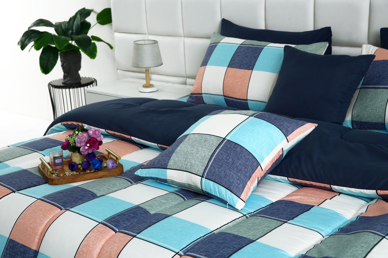 5 PCs Single Comforter Set-Pastel Check(With Blue Reverse) Comforters Apricot