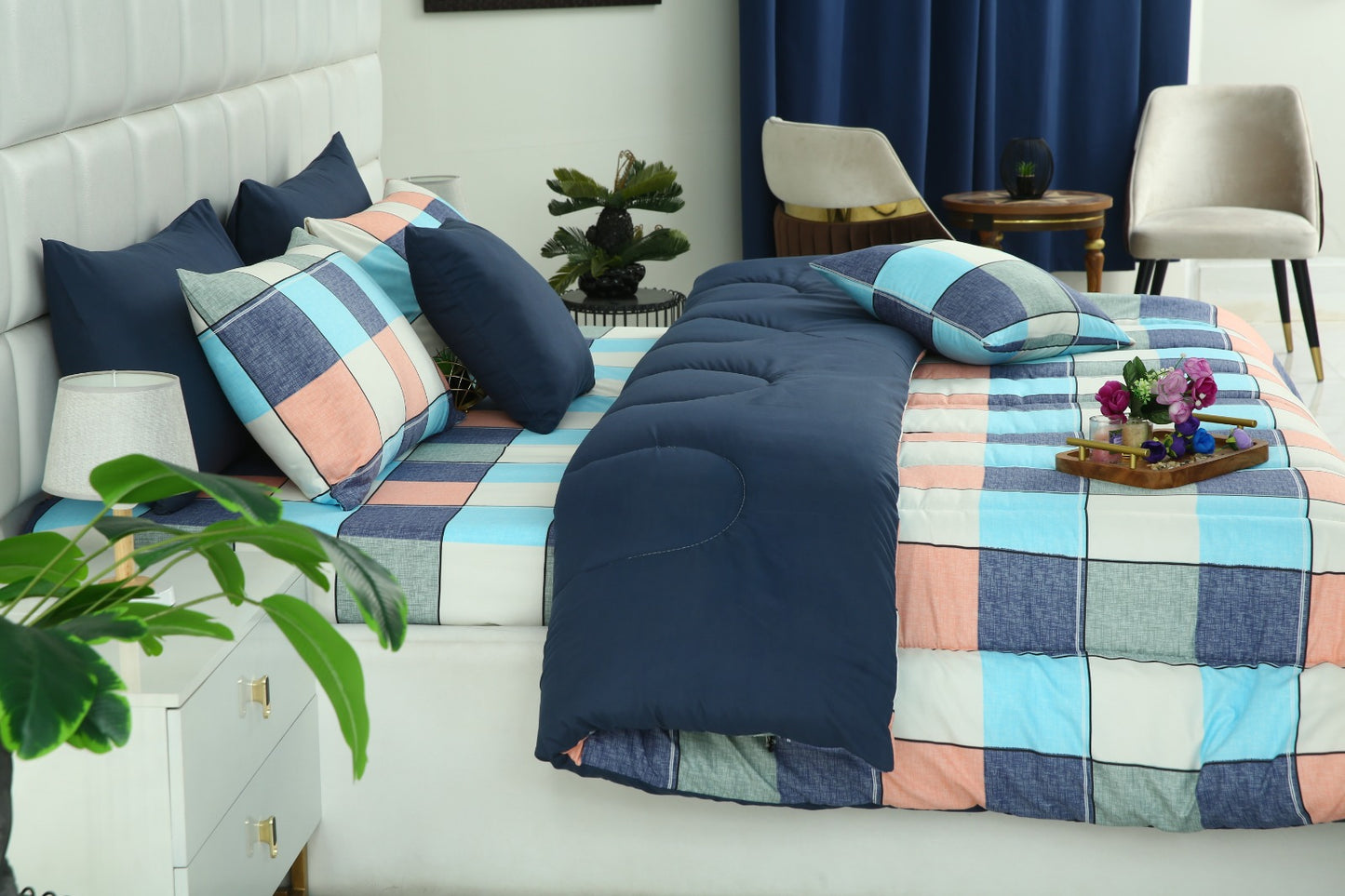 5 PCs Single Comforter Set-Pastel Check(With Blue Reverse) Comforters Apricot