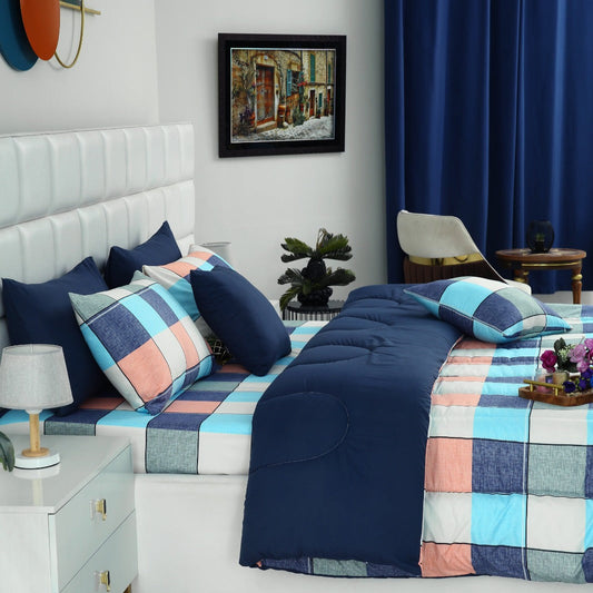 8 PCs Winter Comforter Set-Pastel Check (Blue Reverse) Comforters Apricot