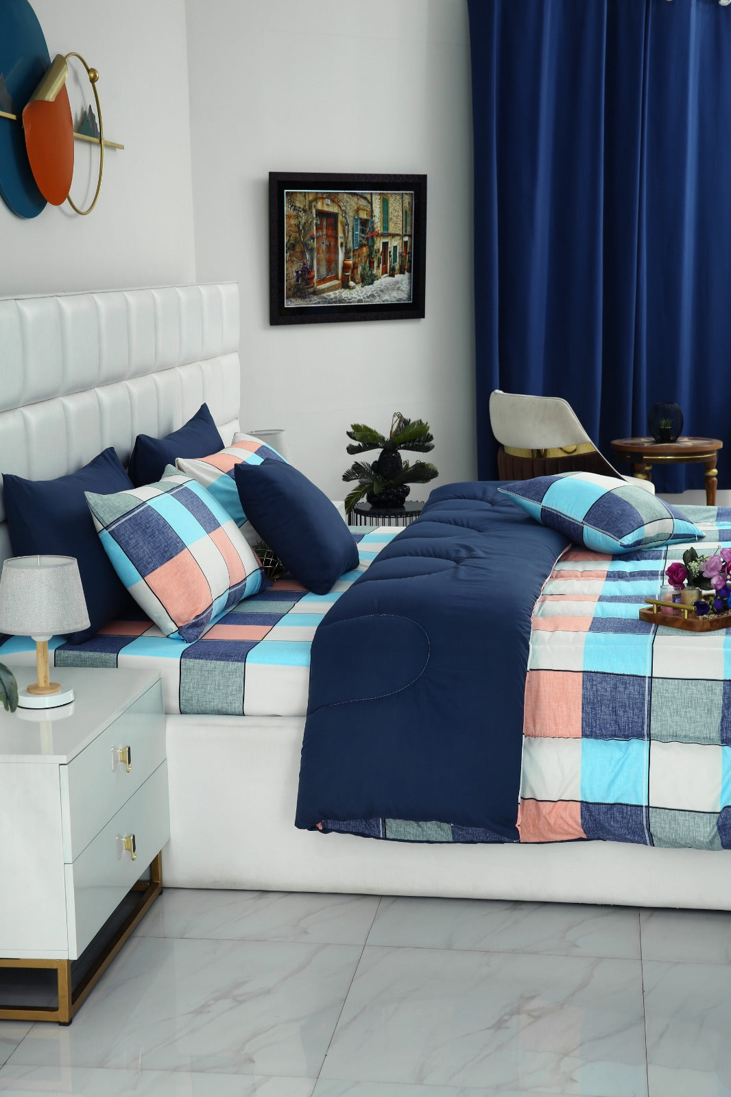 5 PCs Single Comforter Set-Pastel Check(With Blue Reverse) Comforters Apricot