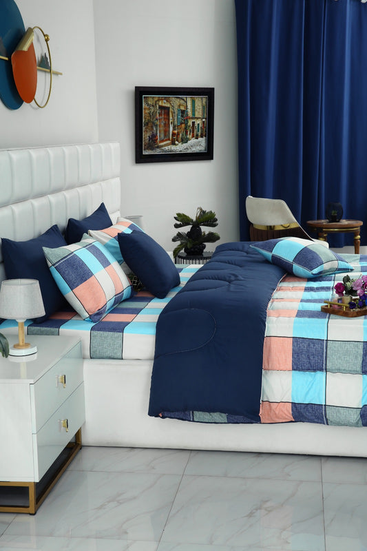 5 PCs Single Comforter Set-Pastel Check(With Blue Reverse)