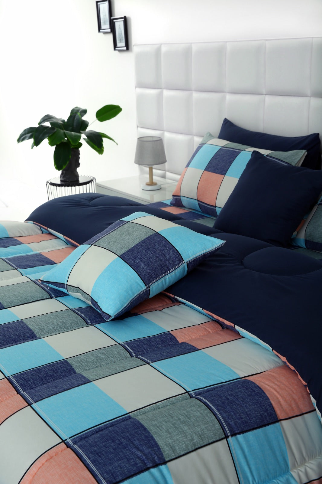 5 PCs Single Comforter Set-Pastel Check(With Blue Reverse) Comforters Apricot