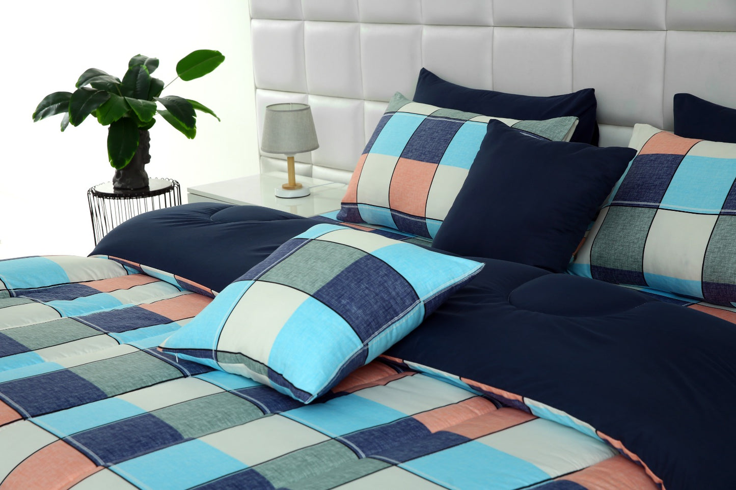 5 PCs Single Comforter Set-Pastel Check(With Blue Reverse) Comforters Apricot