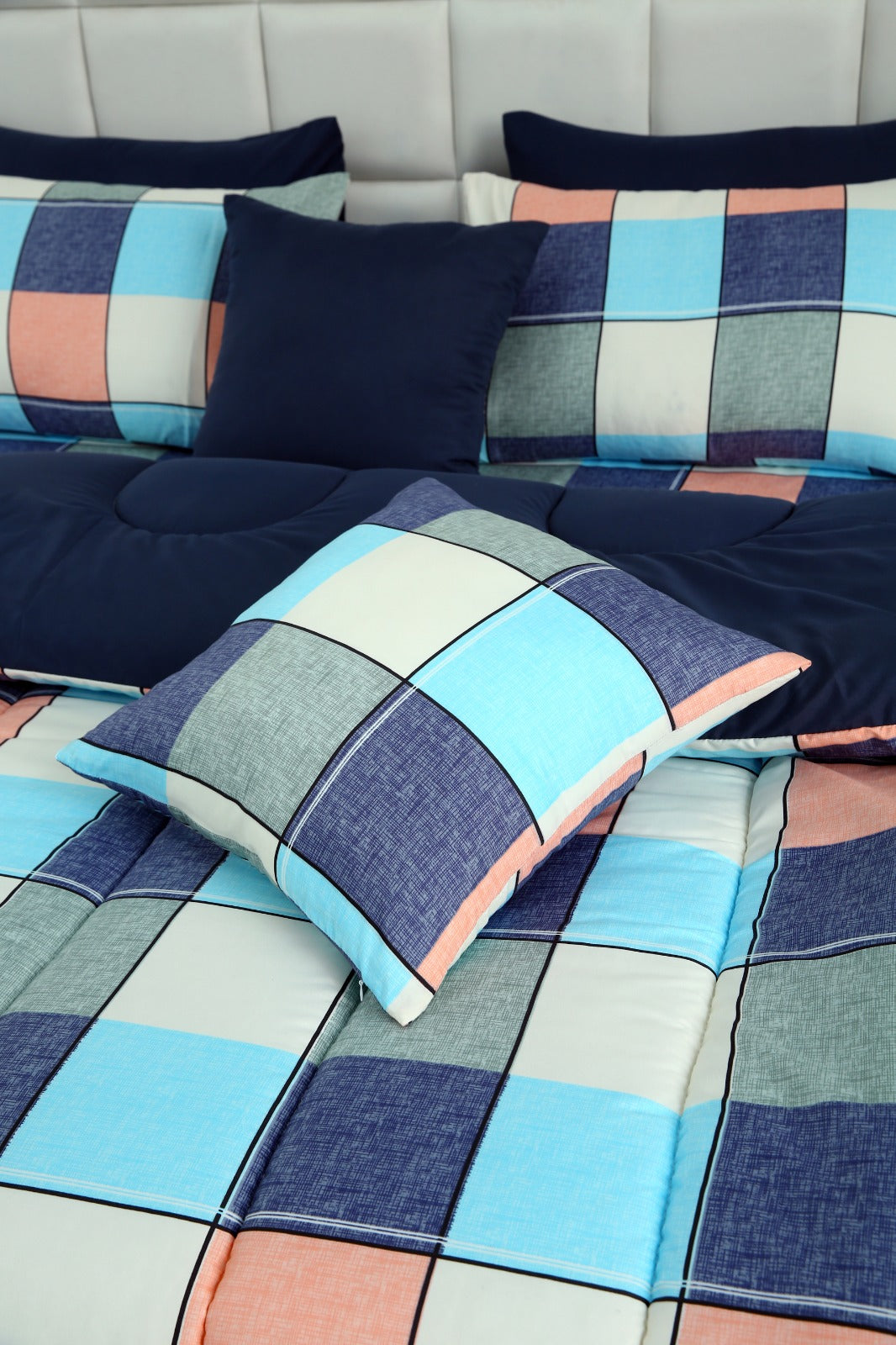 8 PCs Winter Comforter Set-Pastel Check(With Blue Reverse) Comforters Apricot