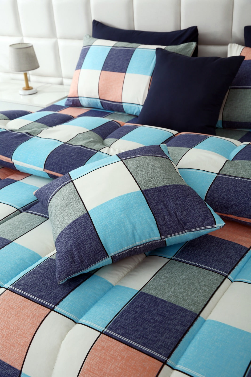 5 PCs Single Comforter Set-Pastel Check(With Blue Reverse) Comforters Apricot