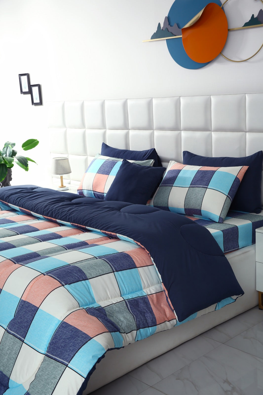 5 PCs Single Comforter Set-Pastel Check(With Blue Reverse) Comforters Apricot