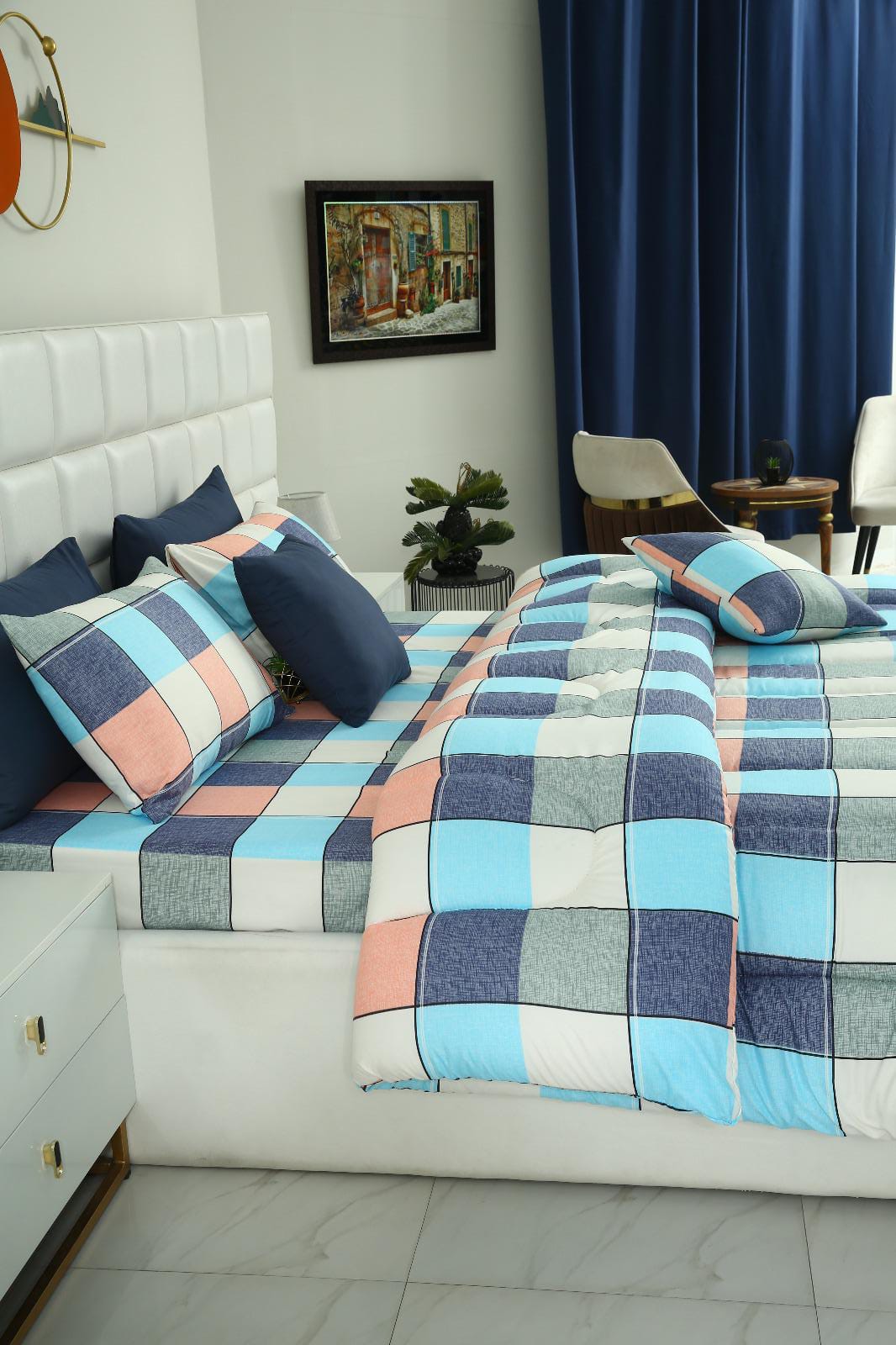 8 PCs Winter Comforter Set-Pastel Check Comforters Apricot