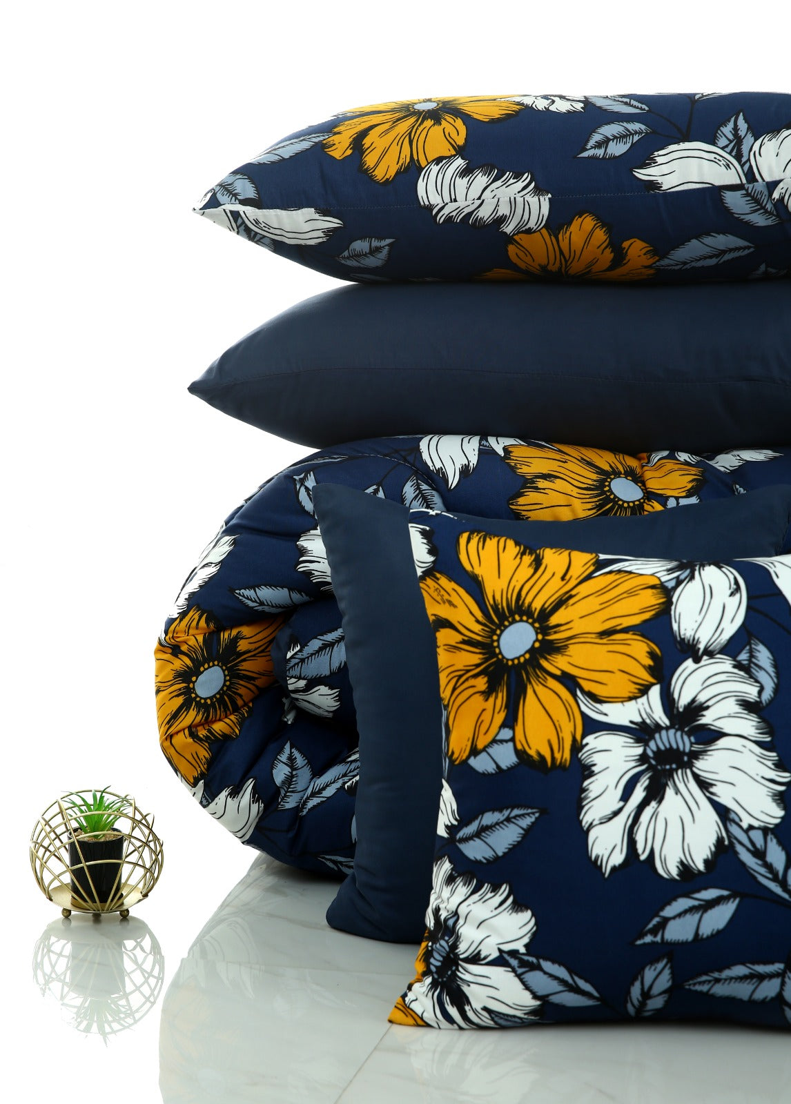 5 PCs Single Comforter Set-White Flower Comforters Apricot