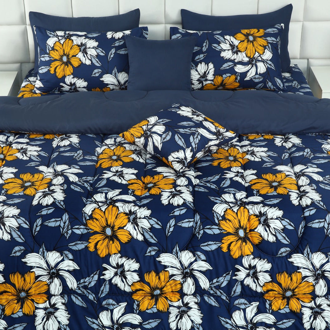 8 PCs Winter Comforter Set-White Flower (Blue Reverse) Comforters Apricot