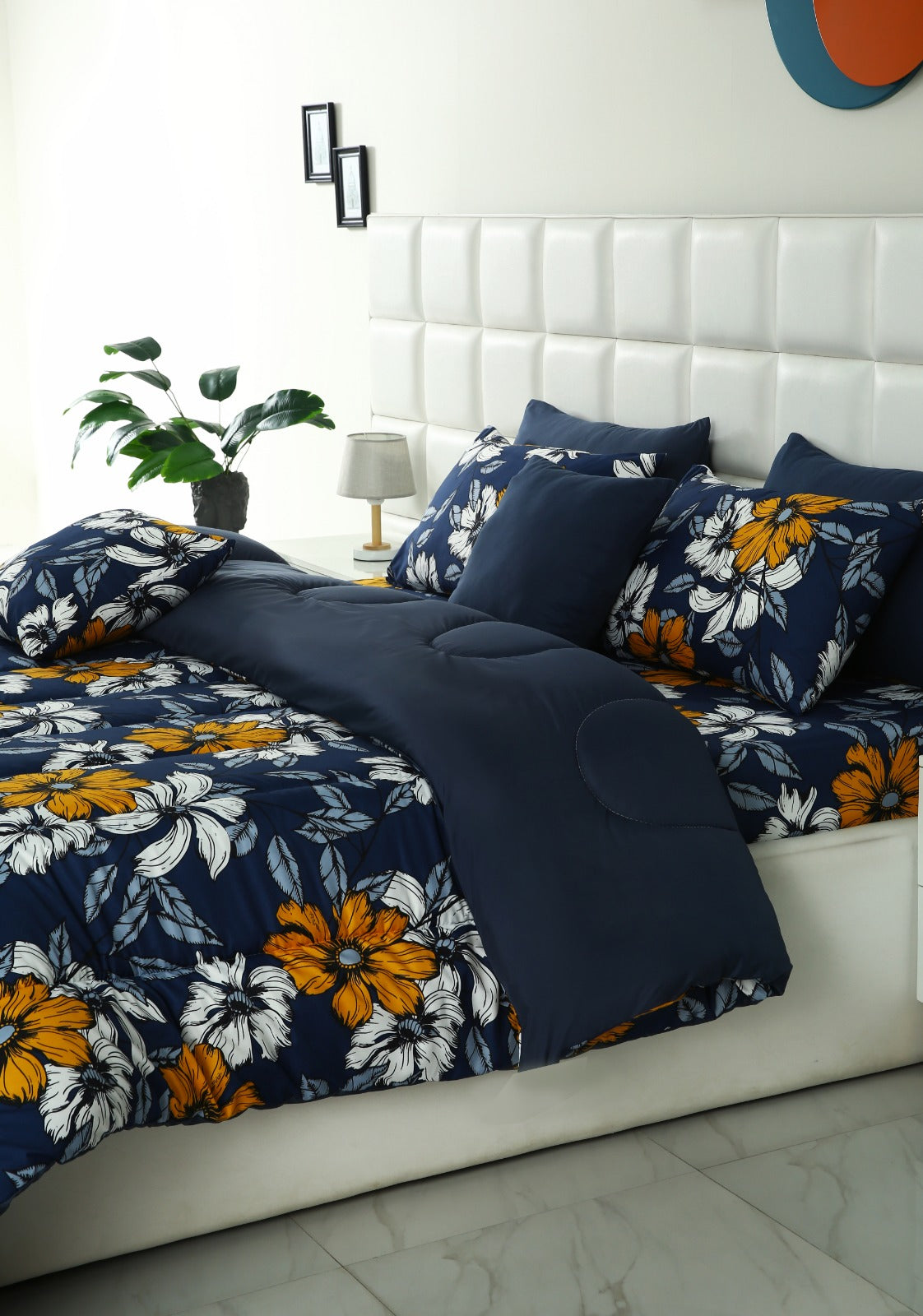 8 PCs Winter Comforter Set-White Flower (Blue Reverse) Comforters Apricot