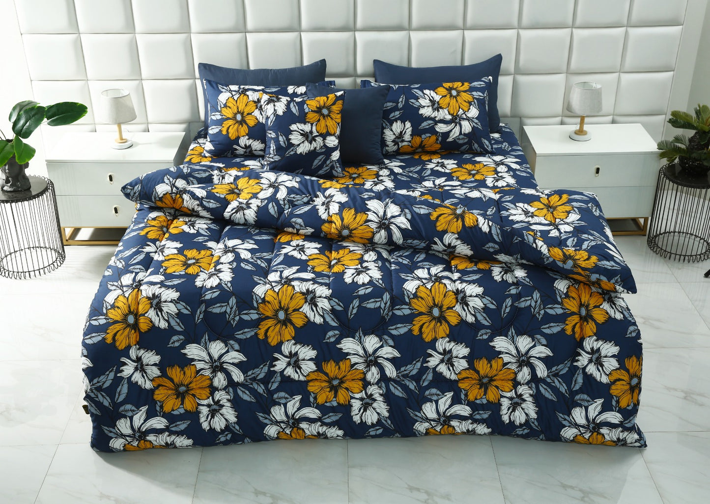 8 PCs Winter Comforter Set-White Flower Comforters Apricot