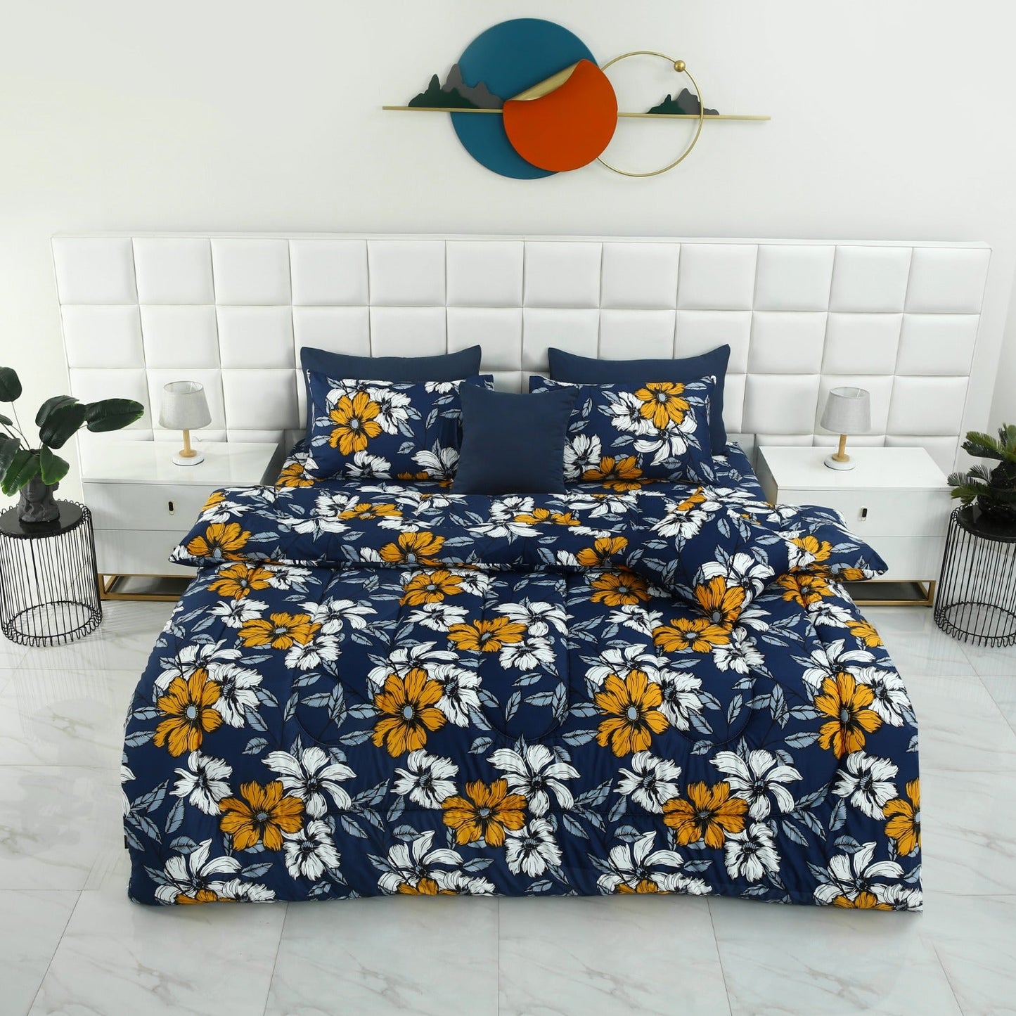 8 PCs Winter Comforter Set-White Flower Comforters Apricot