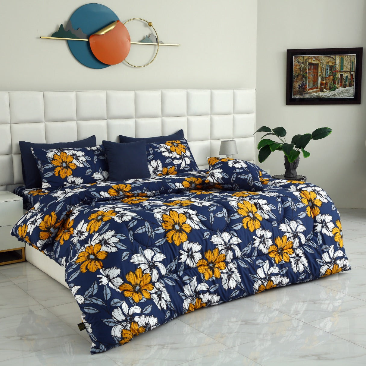 8 PCs Winter Comforter Set-White Flower Comforters Apricot