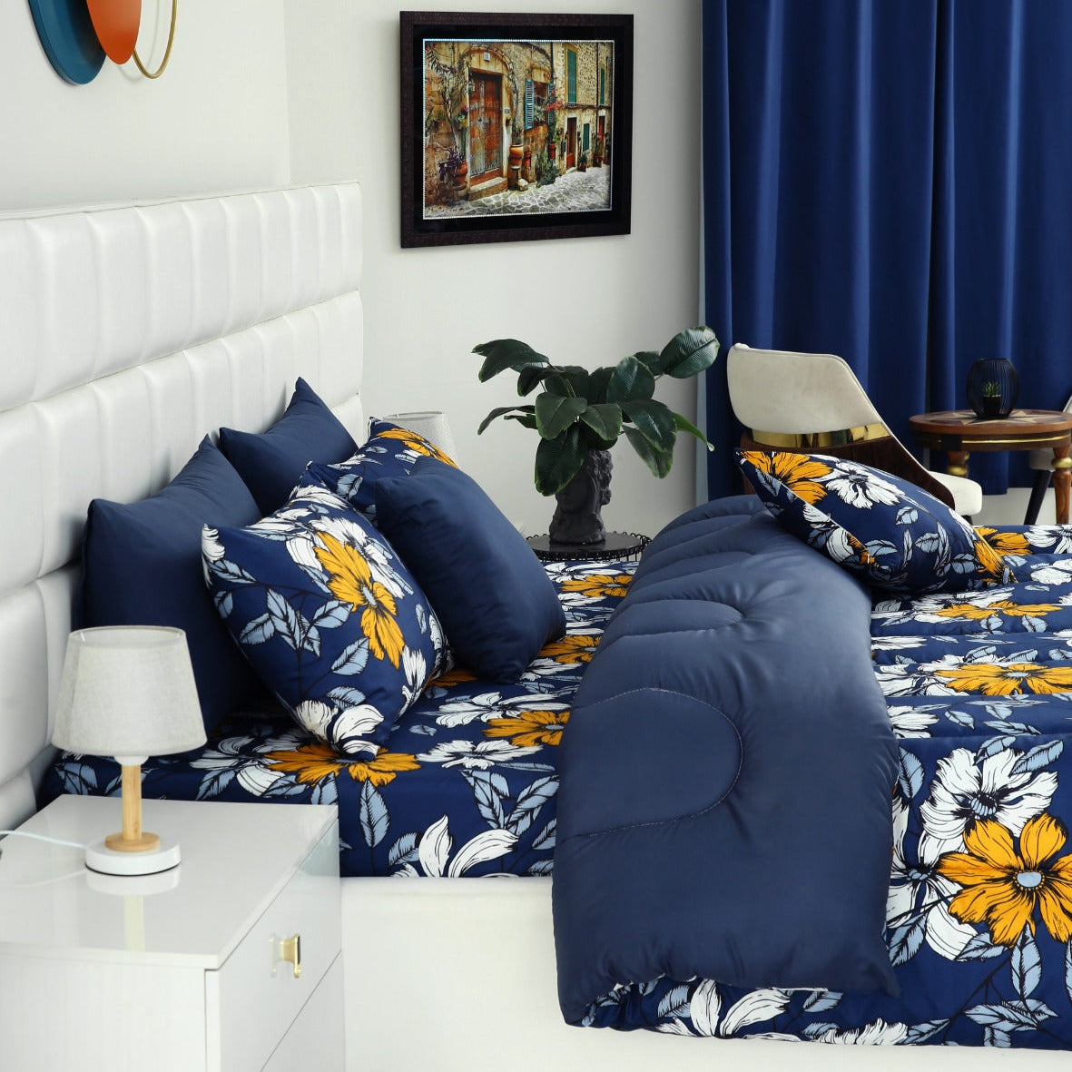 8 PCs Winter Comforter Set-White Flower (Blue Reverse) Comforters Apricot