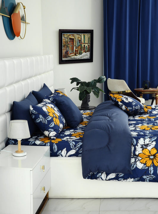 5 PCs Single Comforter Set-White Flower(With Blue Reverse) Comforters Apricot