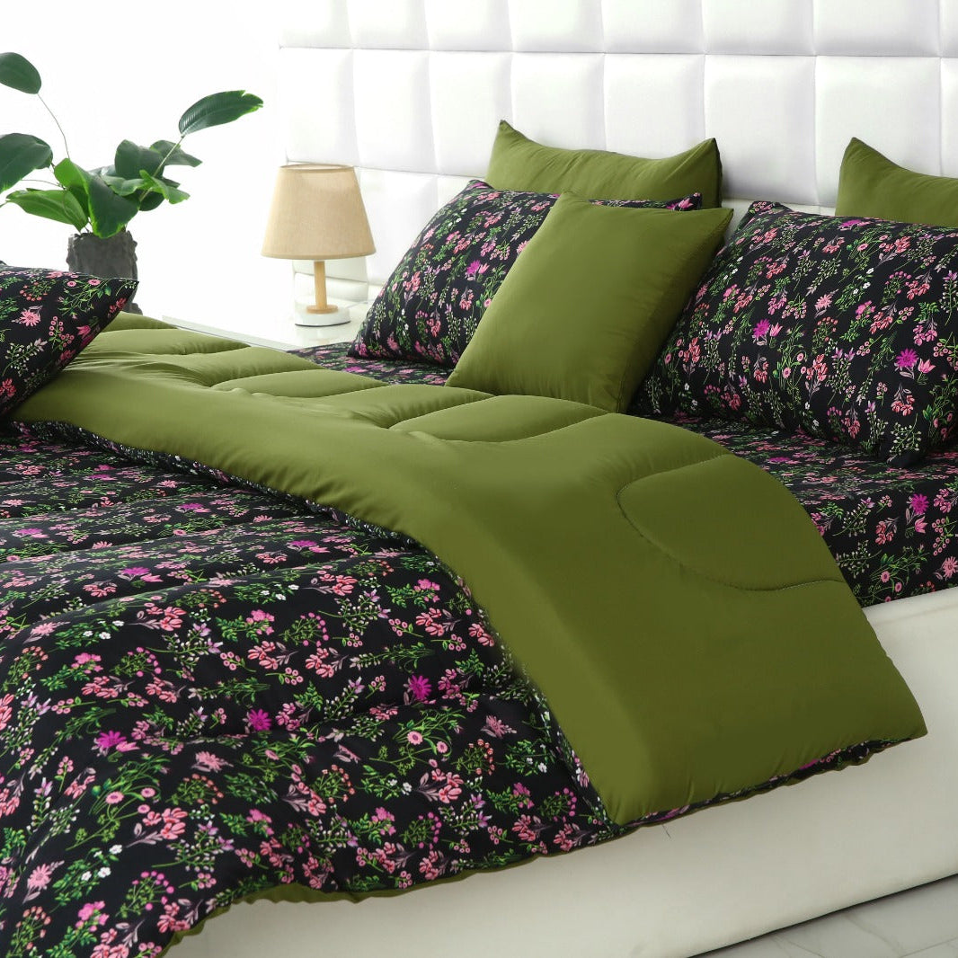 8 PCs Winter Comforter Set-Crocus (Olive Reverse) Comforters Apricot