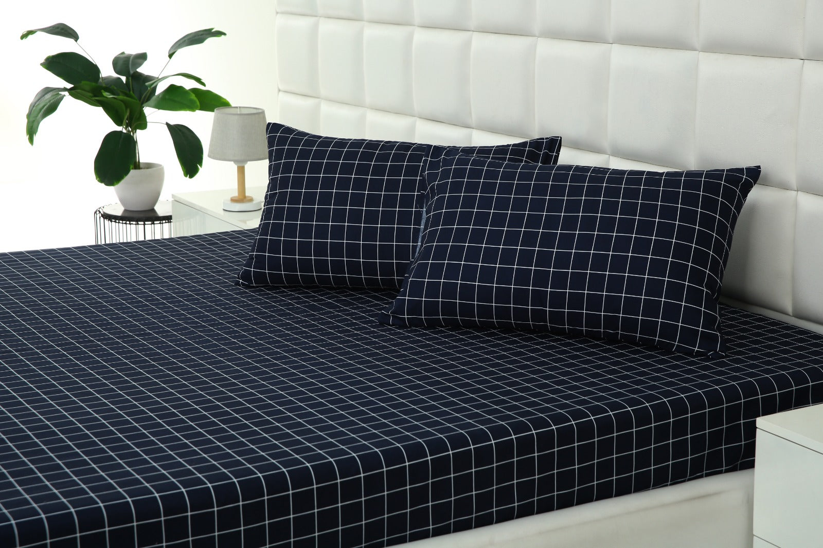 3 PCs Double Bed Sheet-Blue Check Bed Sheets Apricot