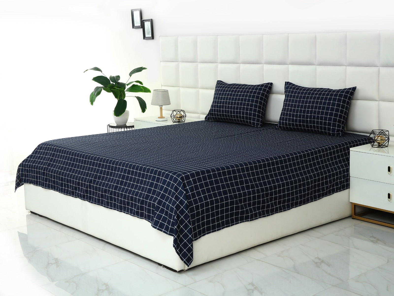 3 PCs Double Bed Sheet-Blue Check Bed Sheets Apricot