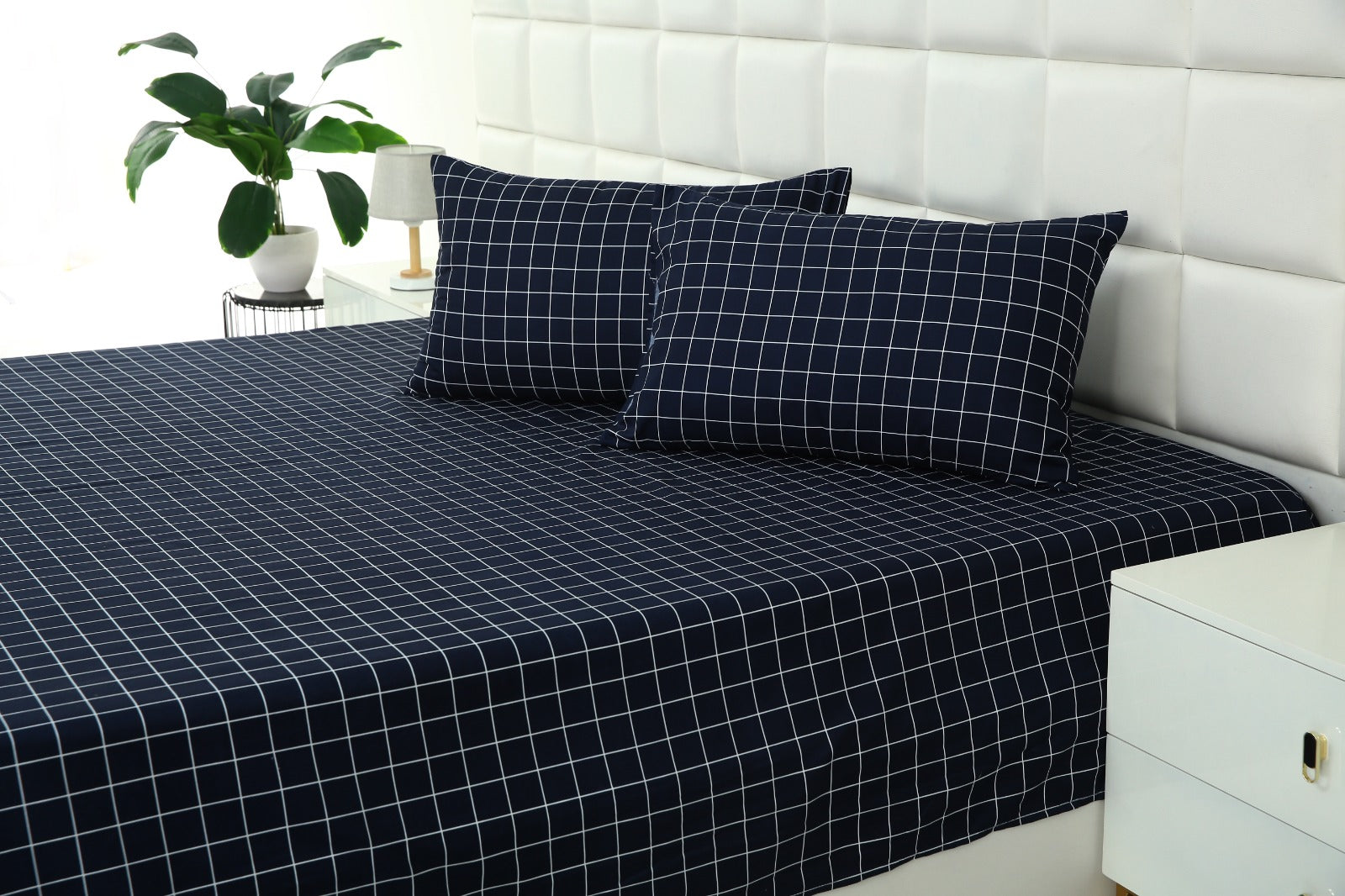 3 PCs Double Bed Sheet-Blue Check Bed Sheets Apricot