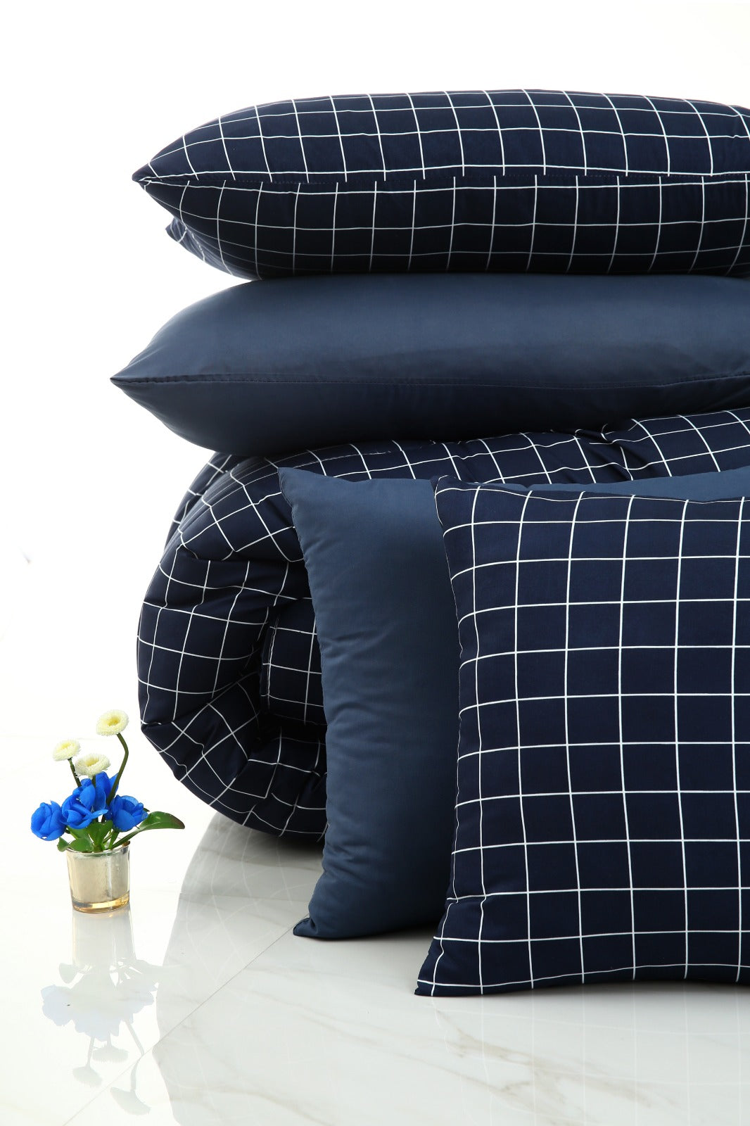 5 PCs Single Comforter Set-Blue Check Comforters Apricot