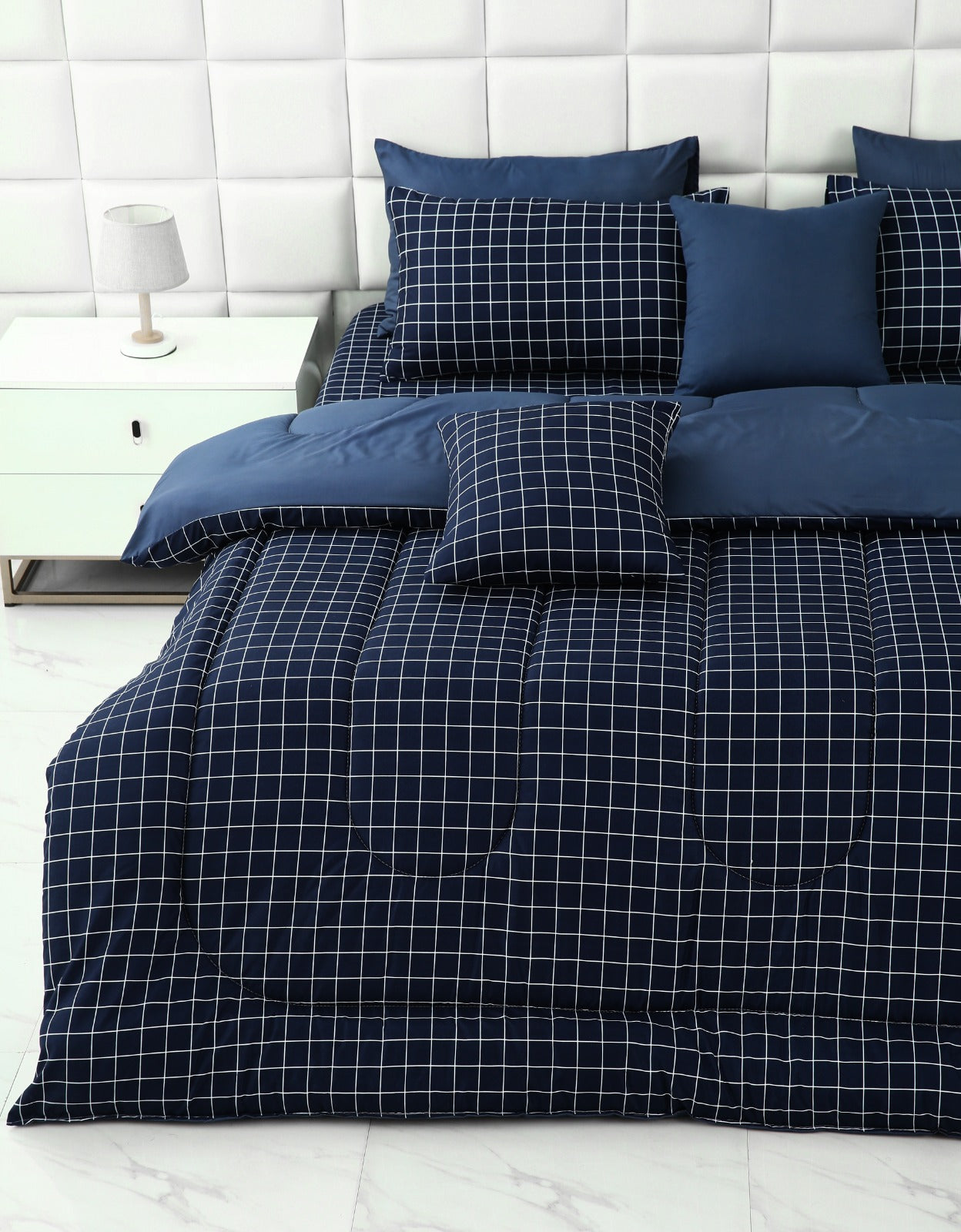 5 PCs Single Comforter Set-Blue Check Comforters Apricot