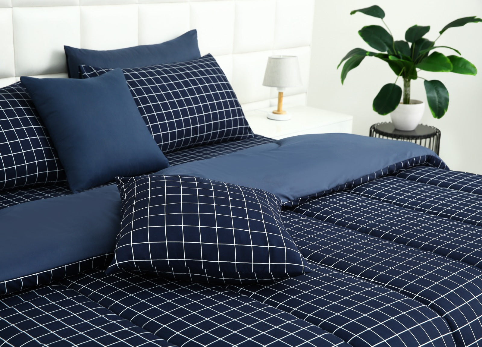 5 PCs Single Comforter Set-Blue Check Comforters Apricot