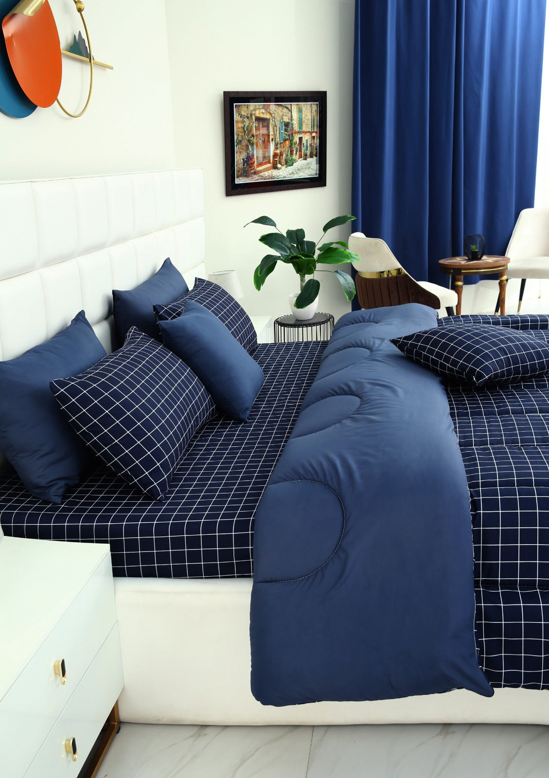 5 PCs Single Comforter Set-Blue Check Comforters Apricot