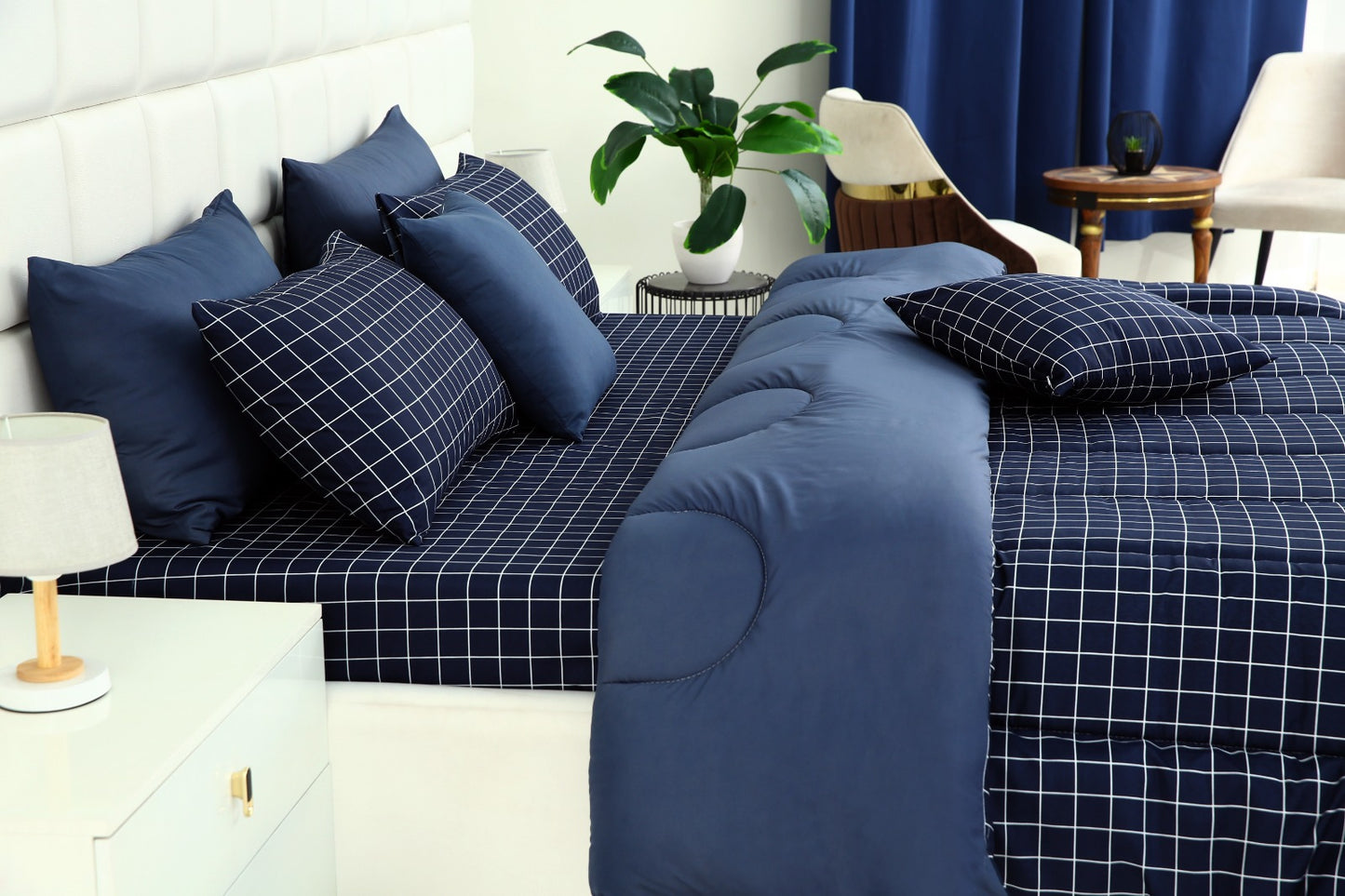 5 PCs Single Comforter Set-Blue Check Comforters Apricot