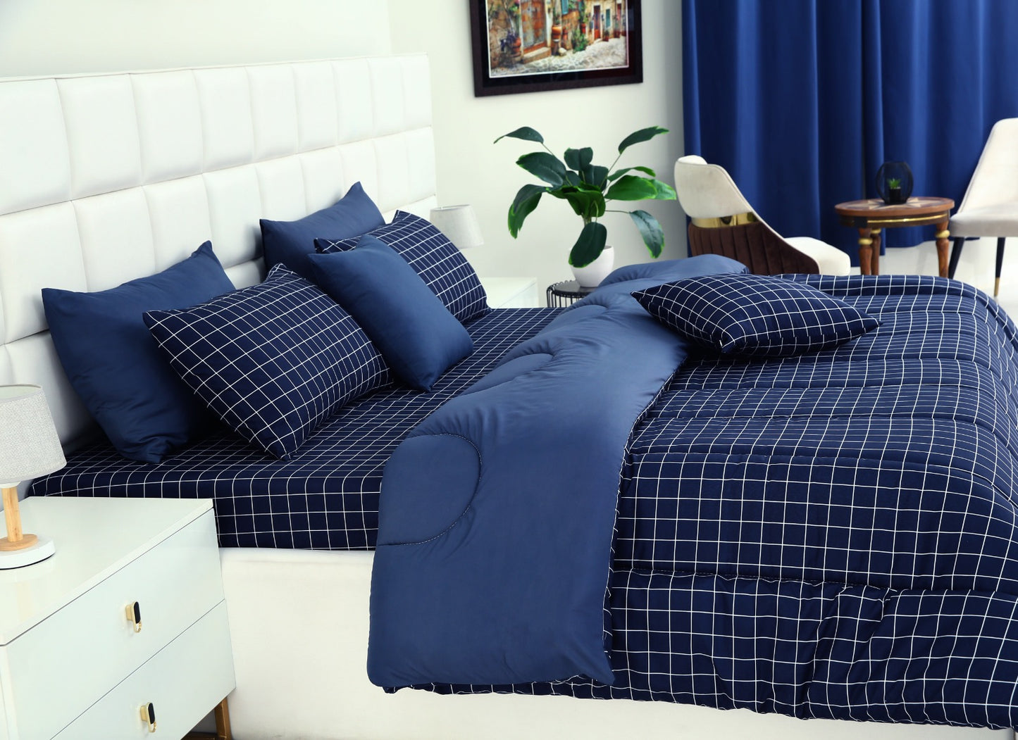 5 PCs Single Comforter Set-Blue Check Comforters Apricot