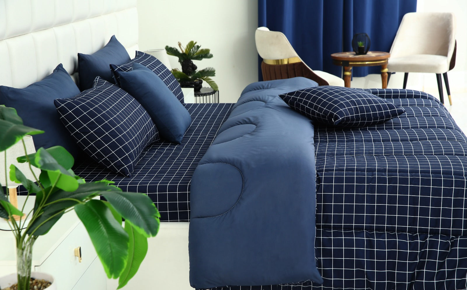 5 PCs Single Comforter Set-Blue Check Comforters Apricot