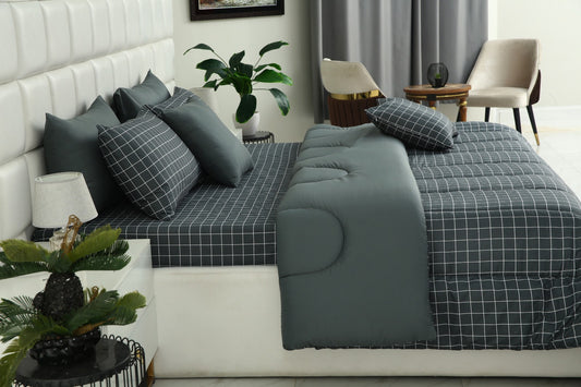 5 PCs Single Comforter Set-Grey Check Comforters Apricot