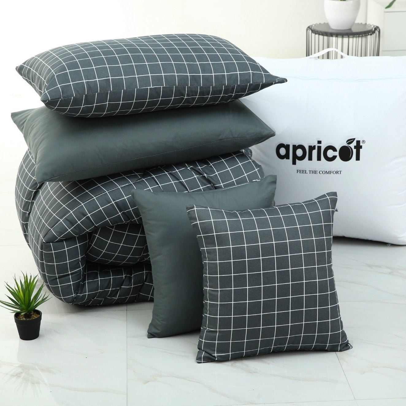 8 PCs Winter Comforter Set-Grey Check Comforters Apricot