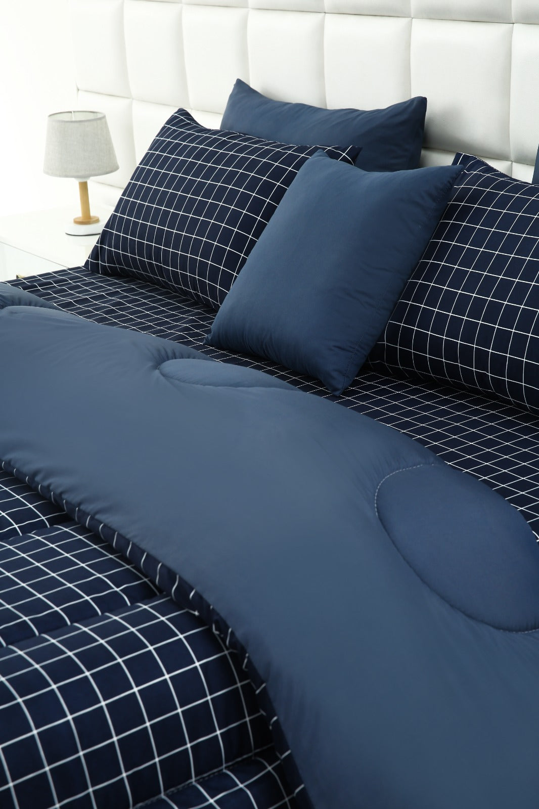 5 PCs Single Comforter Set-Blue Check Comforters Apricot