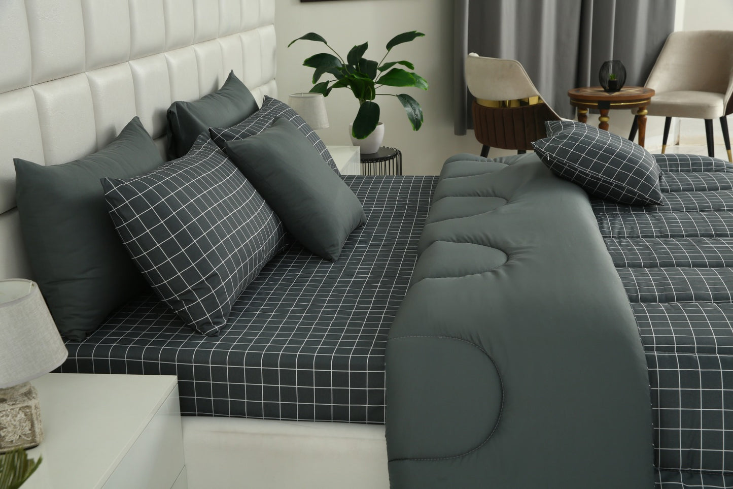 8 PCs Winter Comforter Set-Grey Check Comforters Apricot