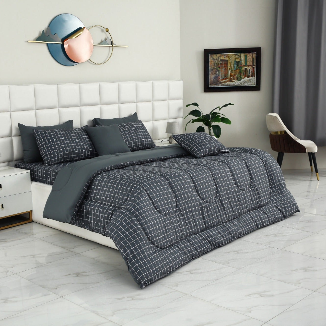 8 PCs Winter Comforter Set-Grey Check Comforters Apricot