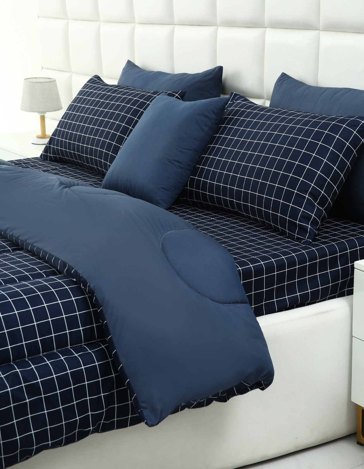 5 PCs Single Comforter Set-Blue Check Comforters Apricot